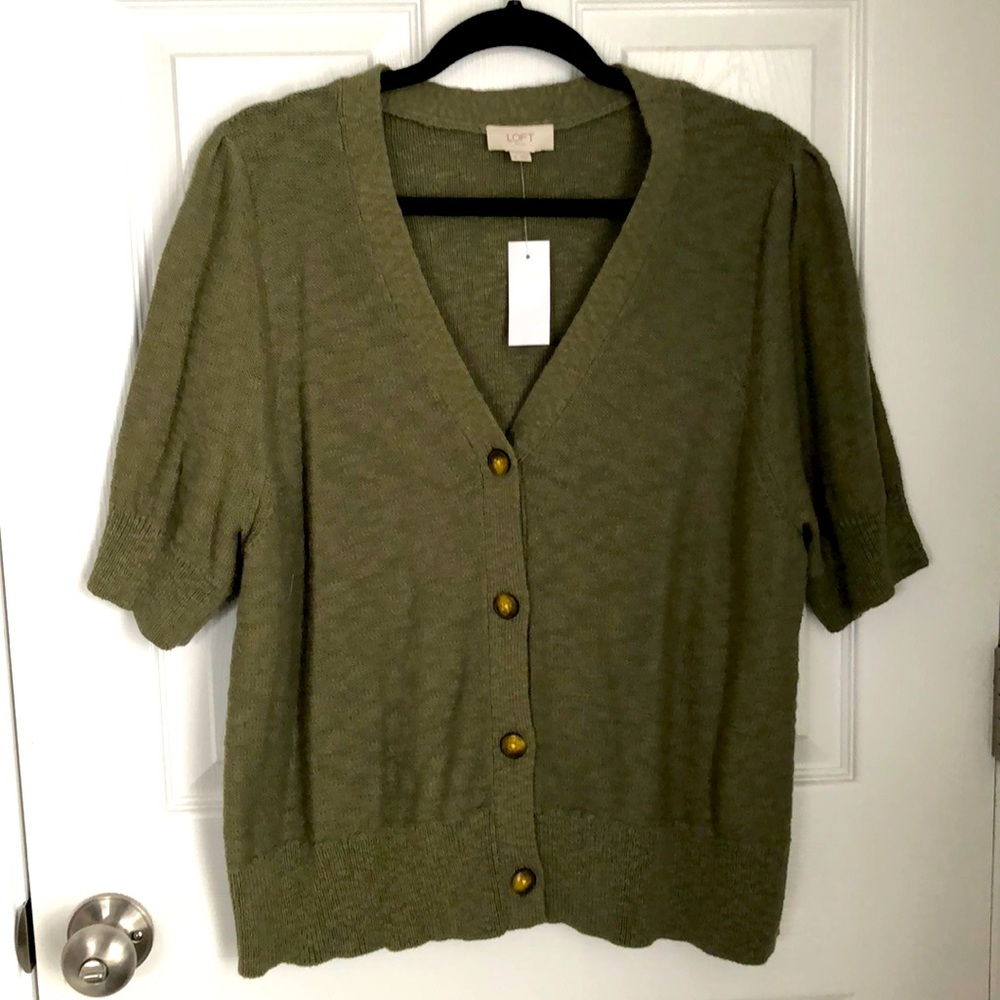 Loft Outlet Puff Short Sleeve 100% Cotton Knit Cardigan Sweater